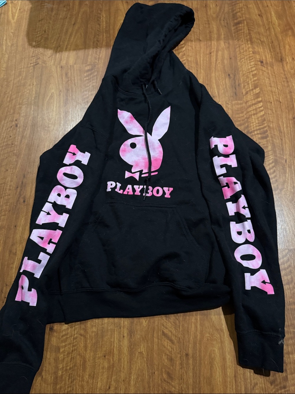 PLAYBOY Black Hoodie with Pink Tie-Dye Bunny & Sleeve Logo